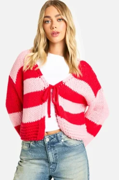 Cardigans*boohoo Premium Knitted Striped Tie Front Cardigan red