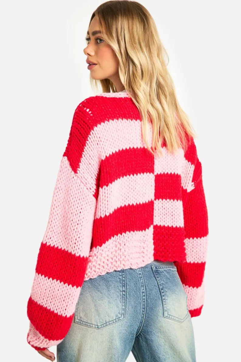 Cardigans*boohoo Premium Knitted Striped Tie Front Cardigan red