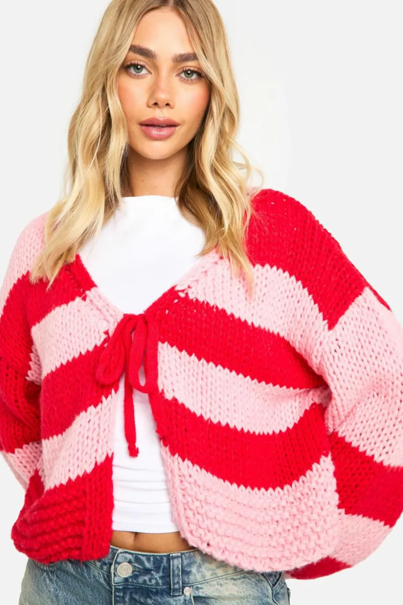 Cardigans*boohoo Premium Knitted Striped Tie Front Cardigan red