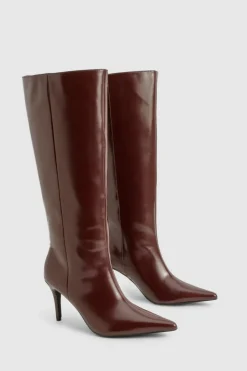Over The Knee Boots|Knee High Boots*boohoo Premium Leather Look Pointed Knee High Boots plum