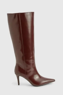 Over The Knee Boots|Knee High Boots*boohoo Premium Leather Look Pointed Knee High Boots plum