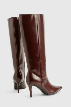 Over The Knee Boots|Knee High Boots*boohoo Premium Leather Look Pointed Knee High Boots plum
