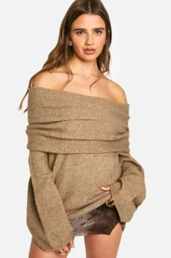 Oversized Jumpers*boohoo Premium Longline Bardot Knitted Jumper mocha