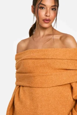 Oversized Jumpers|Jumpers*boohoo Premium Longline Bardot Knitted Jumper peach