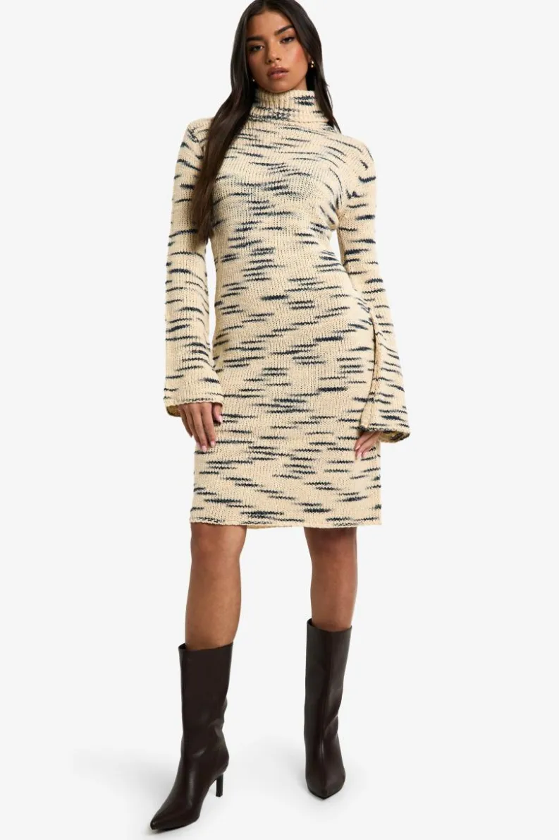 Midi Dresses|Jumper Dresses*boohoo Premium Marl Knit Roll Neck Midi Dress stone