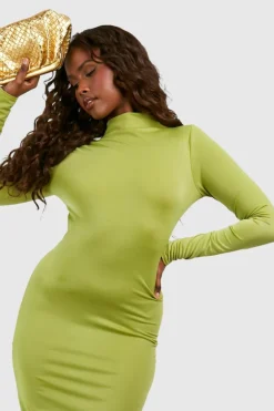 Midi Dresses*boohoo Premium Matte Slinky Funnel Neck Midi Dress olive