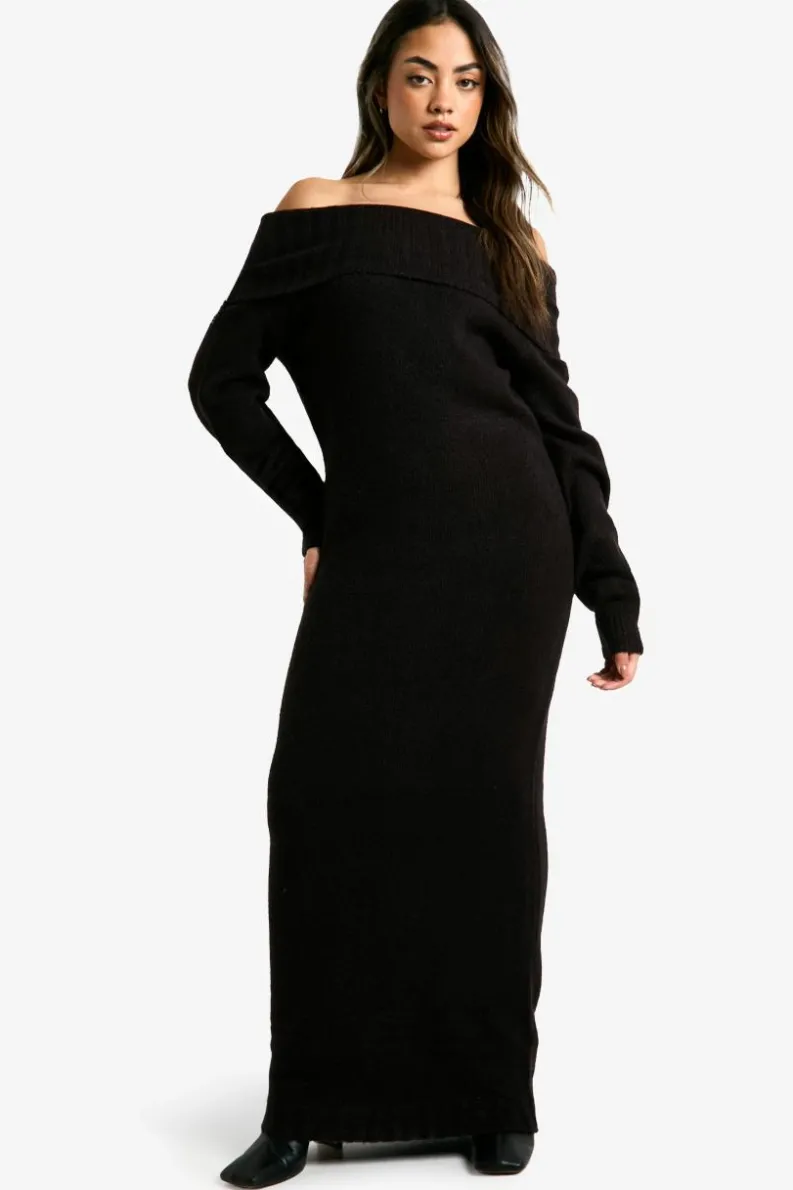 Maxi Dresses|Jumper Dresses*boohoo Premium Oversized Bardot Neckline Maxi Jumper Dress black