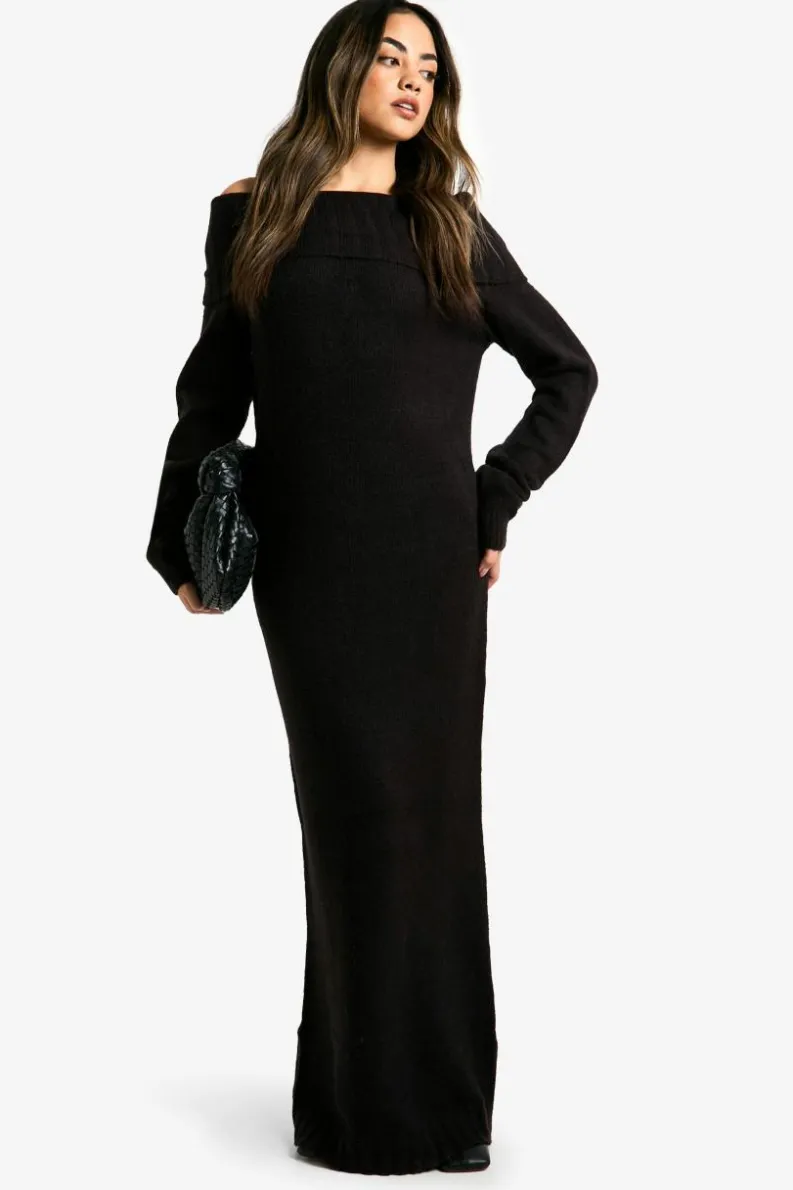 Maxi Dresses|Jumper Dresses*boohoo Premium Oversized Bardot Neckline Maxi Jumper Dress black