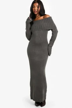 Maxi Dresses|Jumper Dresses*boohoo Premium Oversized Bardot Neckline Maxi Jumper Dress charcoal