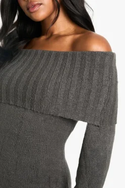 Maxi Dresses|Jumper Dresses*boohoo Premium Oversized Bardot Neckline Maxi Jumper Dress charcoal