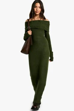 Maxi Dresses|Jumper Dresses*boohoo Premium Oversized Bardot Neckline Maxi Jumper Dress forest