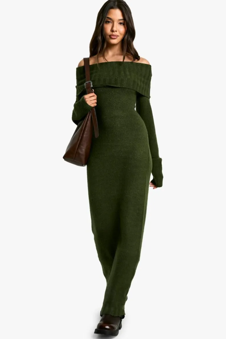 Maxi Dresses|Jumper Dresses*boohoo Premium Oversized Bardot Neckline Maxi Jumper Dress forest
