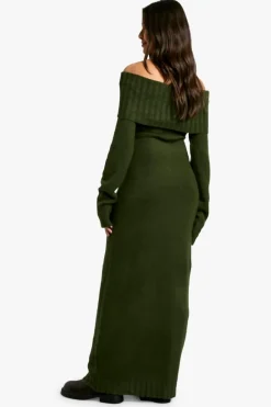 Maxi Dresses|Jumper Dresses*boohoo Premium Oversized Bardot Neckline Maxi Jumper Dress forest