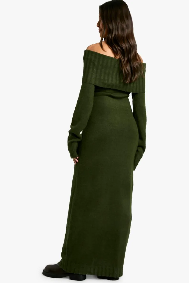 Maxi Dresses|Jumper Dresses*boohoo Premium Oversized Bardot Neckline Maxi Jumper Dress forest
