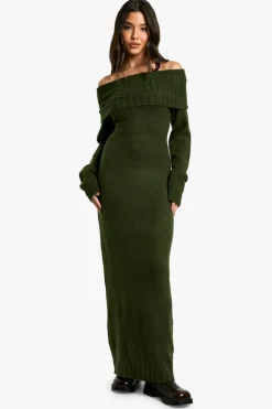 Maxi Dresses|Jumper Dresses*boohoo Premium Oversized Bardot Neckline Maxi Jumper Dress forest
