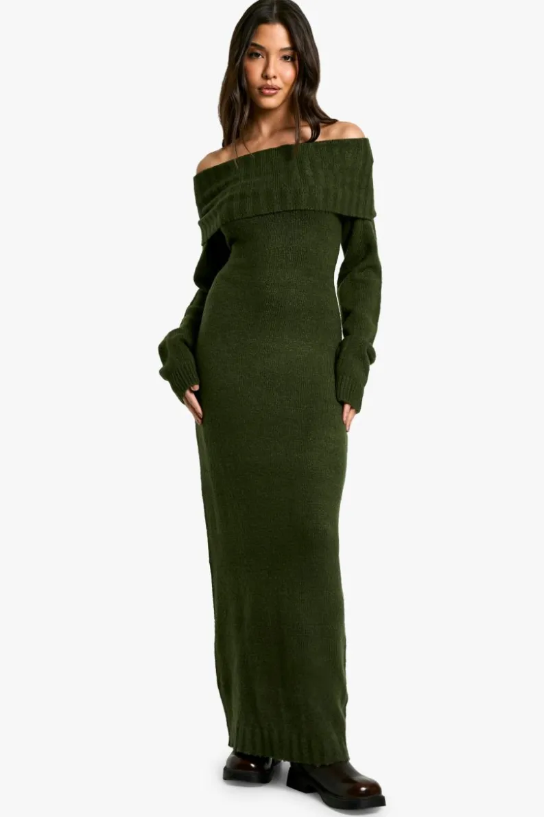 Maxi Dresses|Jumper Dresses*boohoo Premium Oversized Bardot Neckline Maxi Jumper Dress forest