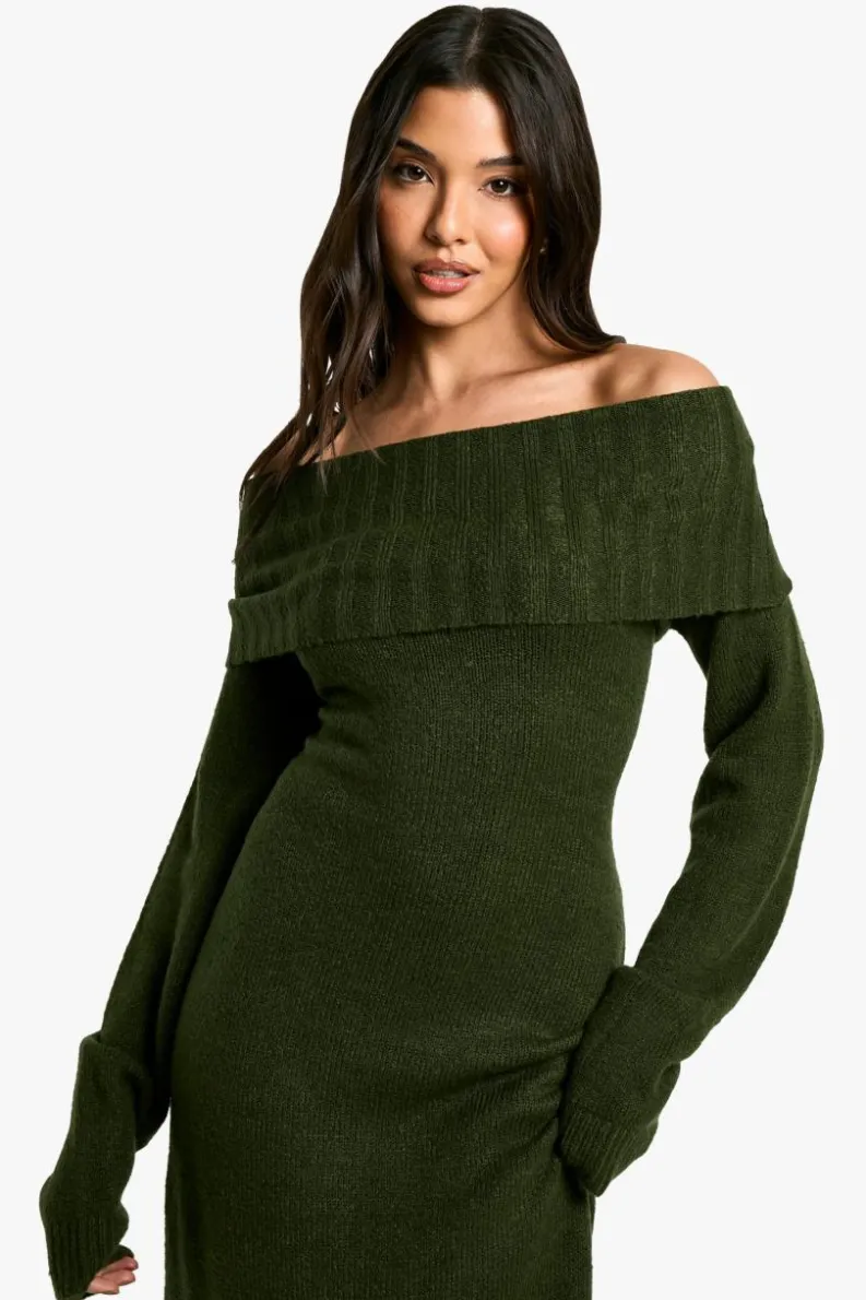 Maxi Dresses|Jumper Dresses*boohoo Premium Oversized Bardot Neckline Maxi Jumper Dress forest
