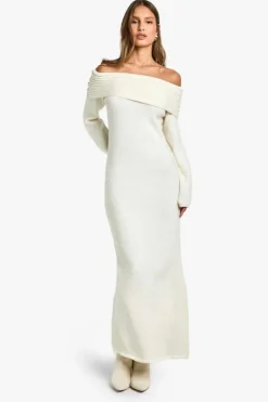 Jumper Dresses|Jumper Dresses*boohoo Premium Oversized Rib Bardot Neckline Soft Knit Jumper Dress ecru