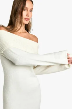 Jumper Dresses|Jumper Dresses*boohoo Premium Oversized Rib Bardot Neckline Soft Knit Jumper Dress ecru