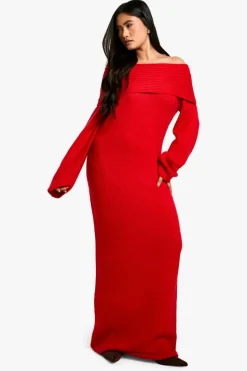 Jumper Dresses|Jumper Dresses*boohoo Premium Oversized Rib Bardot Neckline Soft Knit Jumper Dress red