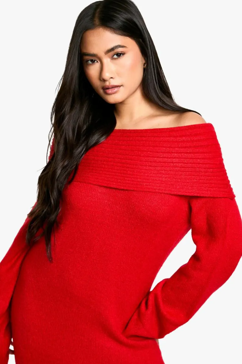 Jumper Dresses|Jumper Dresses*boohoo Premium Oversized Rib Bardot Neckline Soft Knit Jumper Dress red