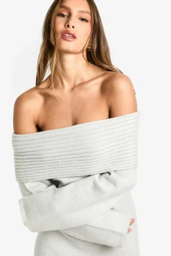 Jumper Dresses|Jumper Dresses*boohoo Premium Oversized Rib Bardot Neckline Soft Knit Jumper Dress grey