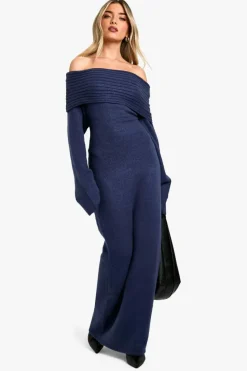Jumper Dresses|Jumper Dresses*boohoo Premium Oversized Rib Bardot Neckline Soft Knit Jumper Dress navy