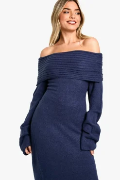 Jumper Dresses|Jumper Dresses*boohoo Premium Oversized Rib Bardot Neckline Soft Knit Jumper Dress navy