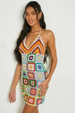 Jumper Dresses|Jumper Dresses*boohoo Premium Patchwork Crochet Knitted Dress pink