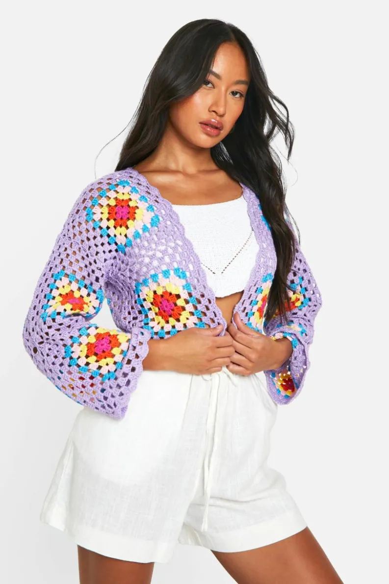 Cardigans|Beachwear*boohoo Premium Patchwork Crochet Cropped Cardigan lilac