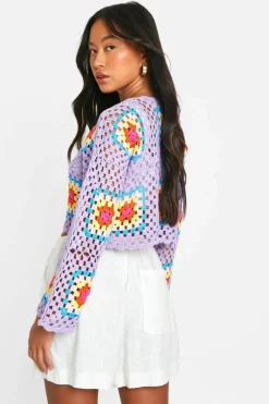 Cardigans|Beachwear*boohoo Premium Patchwork Crochet Cropped Cardigan lilac