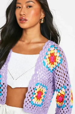 Cardigans|Beachwear*boohoo Premium Patchwork Crochet Cropped Cardigan lilac