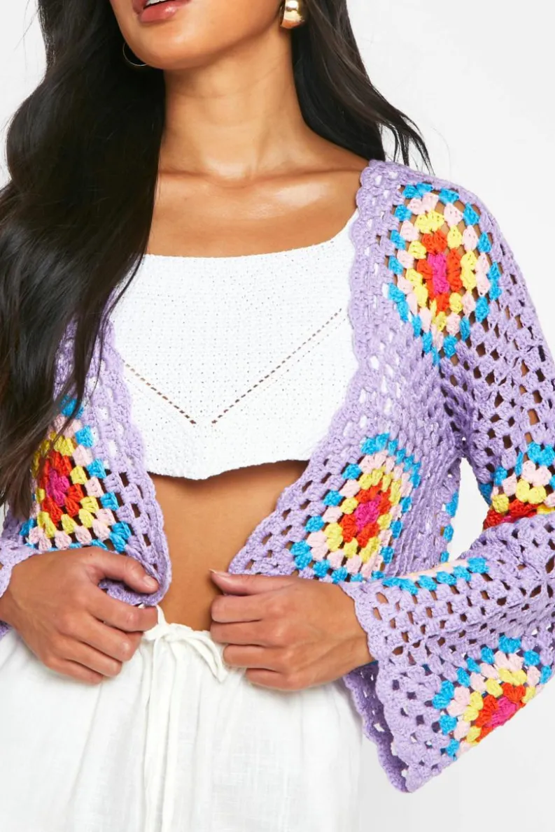 Cardigans|Beachwear*boohoo Premium Patchwork Crochet Cropped Cardigan lilac