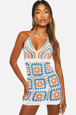Jumper Dresses|Jumper Dresses*boohoo Premium Patchwork Rainbow Crochet Mini Dress ivory