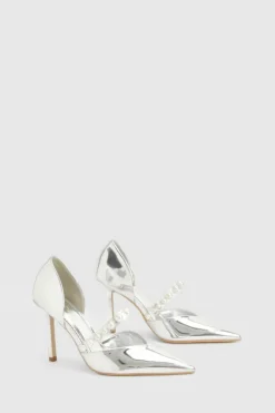 Heels*boohoo Premium Pearl Strap Metallic Court Heels silver