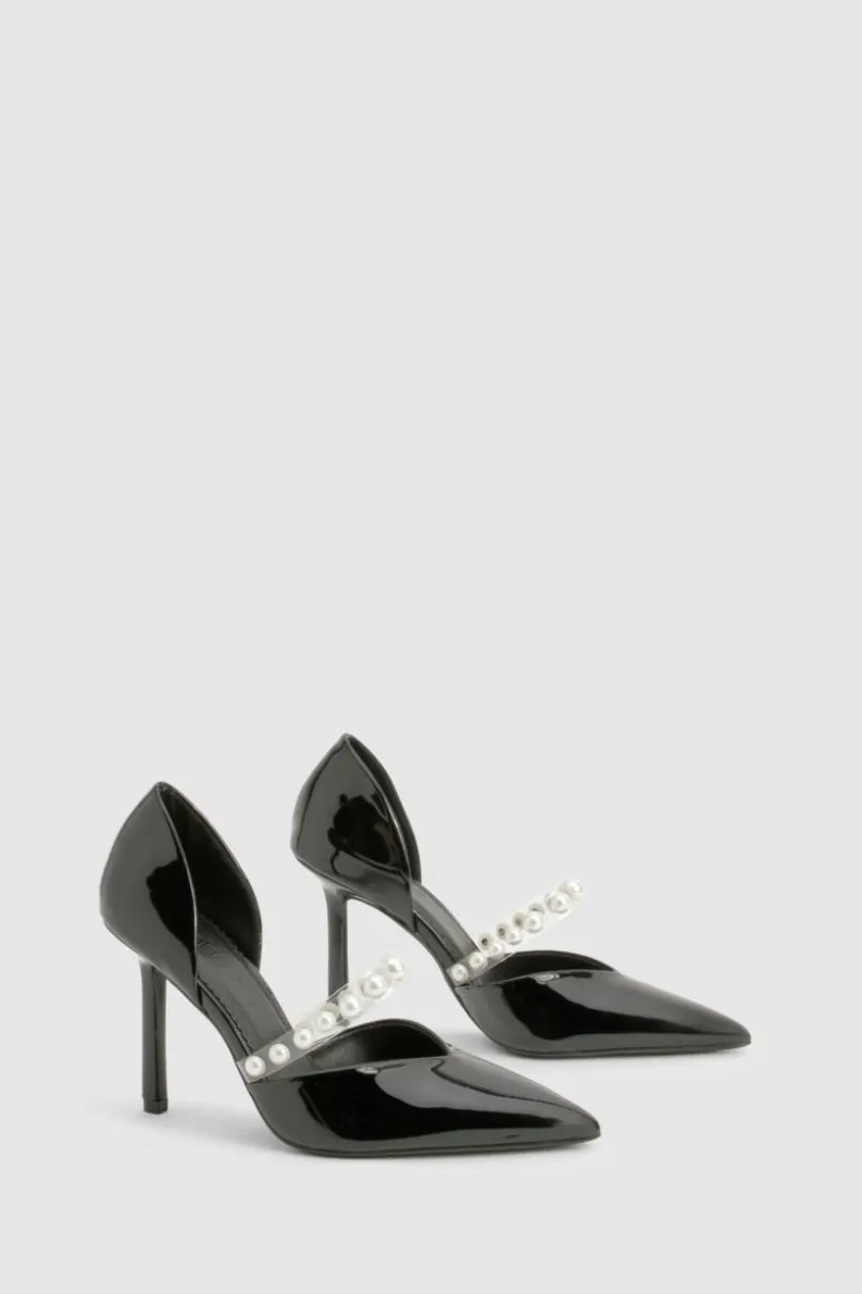Heels*boohoo Premium Pearl Strap Patent Court Heels black