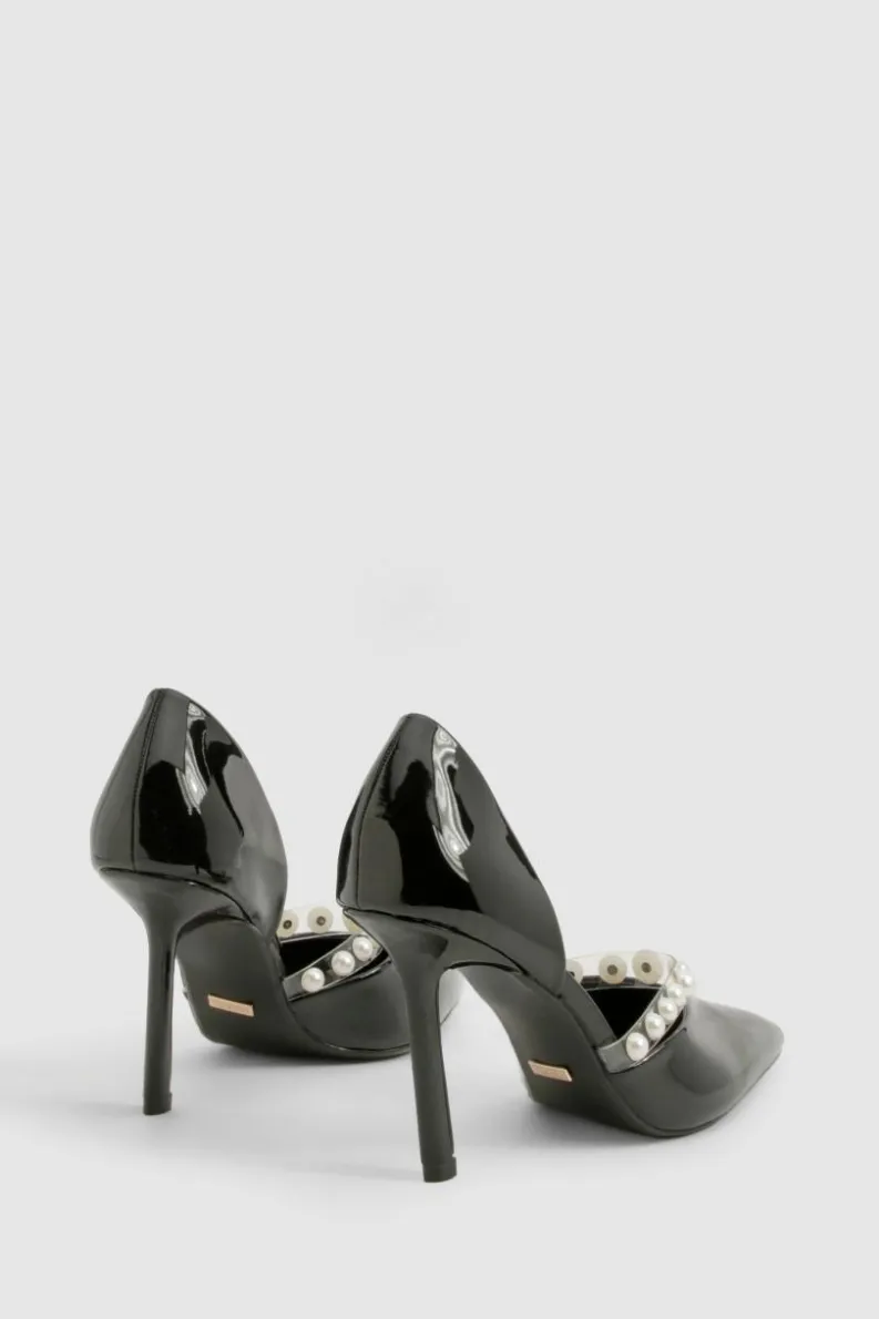 Heels*boohoo Premium Pearl Strap Patent Court Heels black