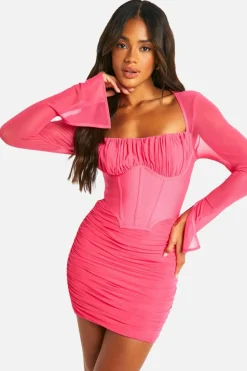 Bodycon Dresses*boohoo Premium Power Mesh Flare Sleeve Dress hot pink