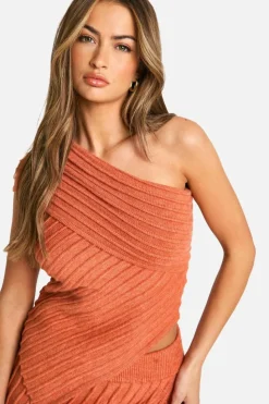 Knitted Tops*boohoo Premium Rib Asymmetric Knitted Top peach