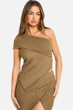 Knitted Tops*boohoo Premium Rib Asymmetric Knitted Top mocha
