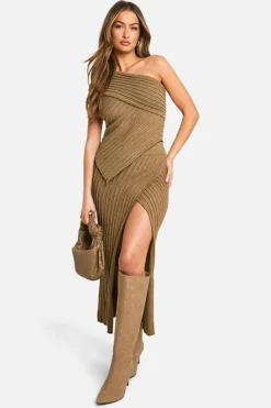 Knitted Tops*boohoo Premium Rib Asymmetric Knitted Top mocha