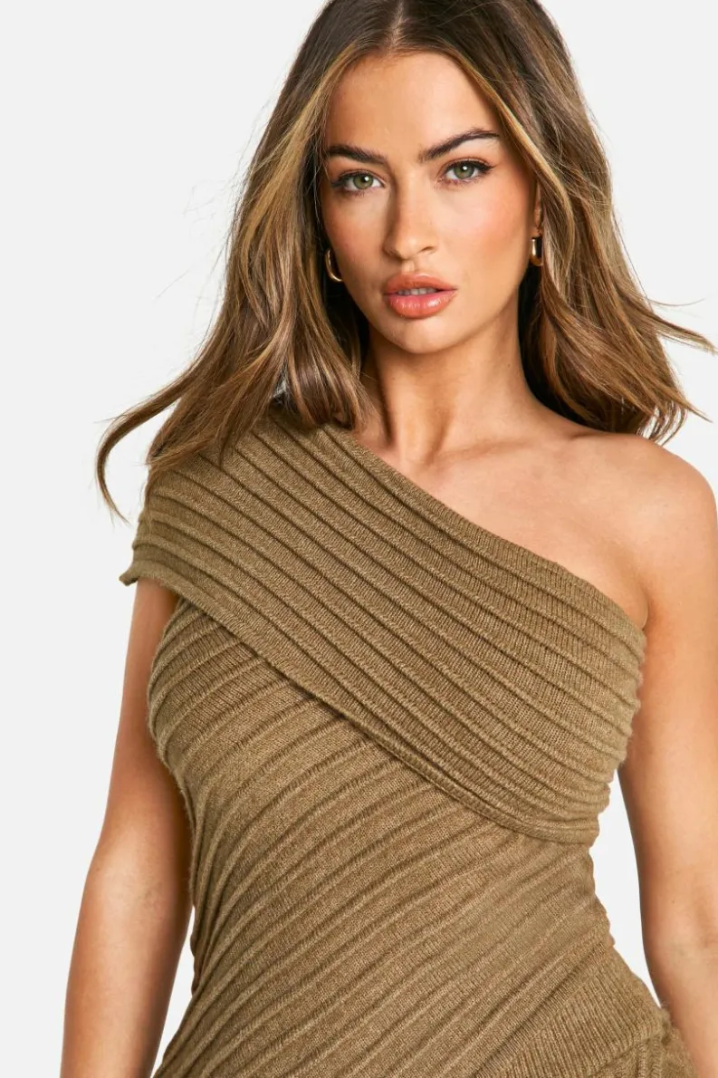 Knitted Tops*boohoo Premium Rib Asymmetric Knitted Top mocha