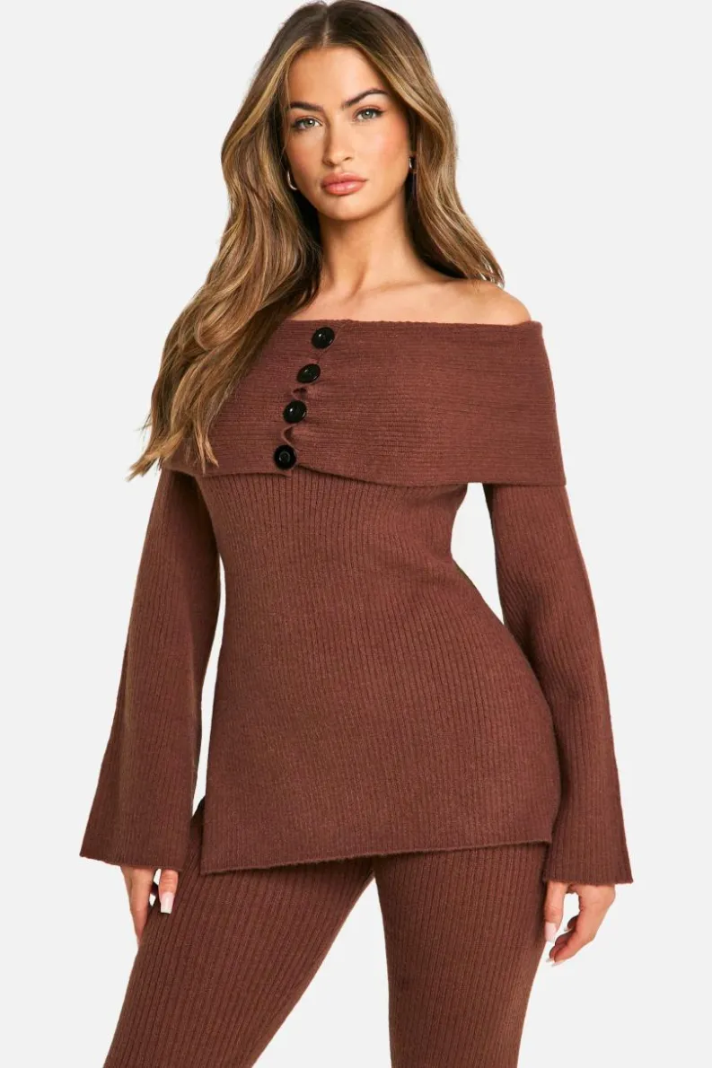 Knitted Tops*boohoo Premium Rib Bardot Knitted Top chocolate