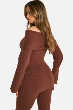 Knitted Tops*boohoo Premium Rib Bardot Knitted Top chocolate