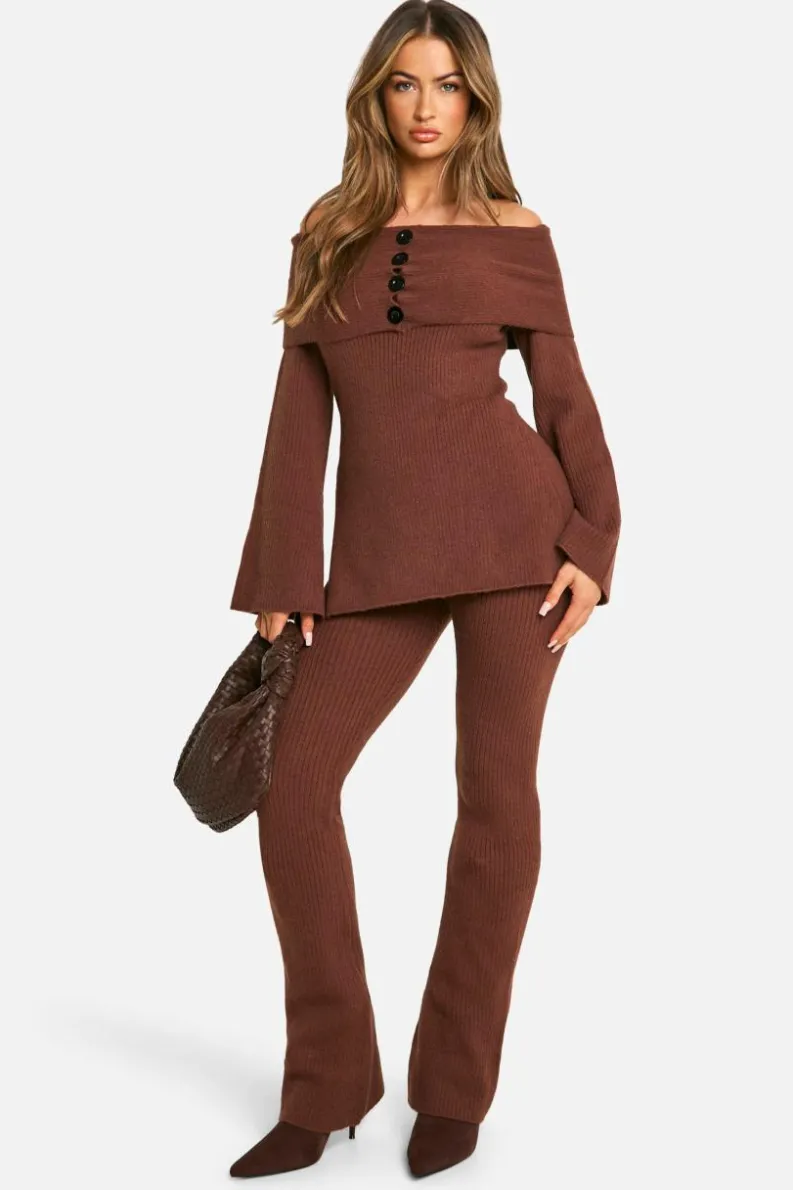 Knitted Tops*boohoo Premium Rib Bardot Knitted Top chocolate