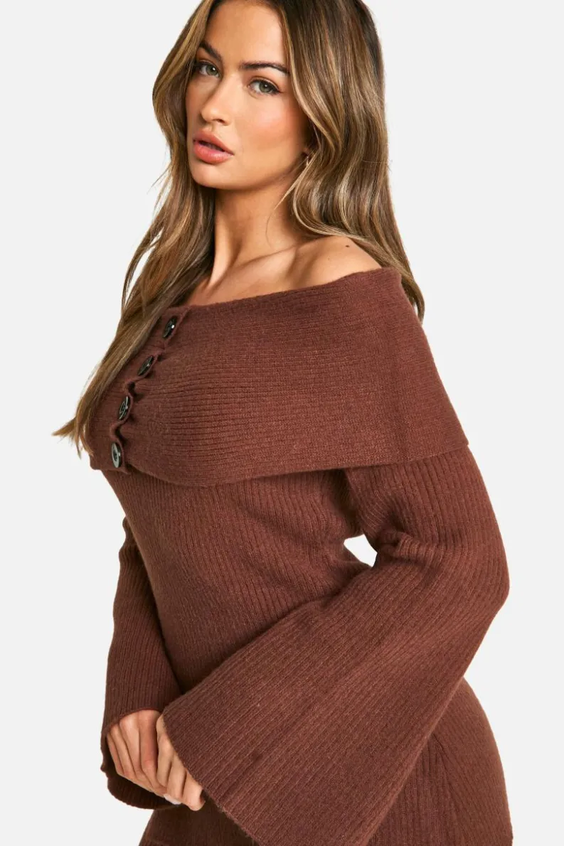 Knitted Tops*boohoo Premium Rib Bardot Knitted Top chocolate