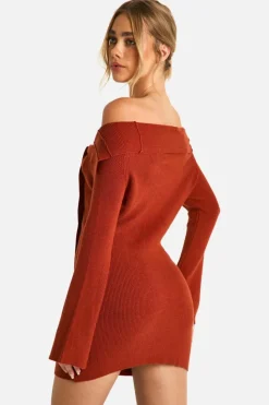 Mini Dresses|Jumper Dresses*boohoo Premium Rib Knit Foldover Detail Button Down Mini Dress rust