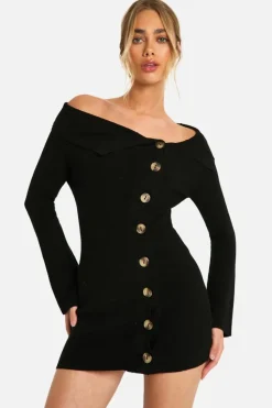 Jumper Dresses|Jumper Dresses*boohoo Premium Rib Knit Foldover Detail Button Down Mini Dress black