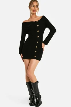 Jumper Dresses|Jumper Dresses*boohoo Premium Rib Knit Foldover Detail Button Down Mini Dress black