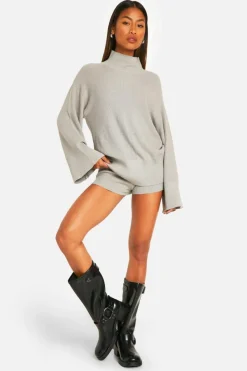 Knitted Co-Ords|Shorts*boohoo Premium Rib Knitted Oversized High Neck Jumper And Knitted Short Set grey